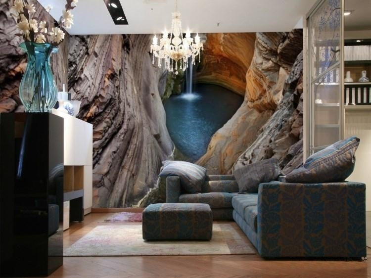 Beautiful Cavern Waterfall Wallpaper Mural, Custom Sizes Available
