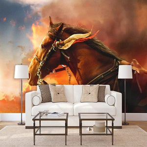 Beautiful Hand-Painted Brown Horse Wallpaper Mural, Custom Sizes Available