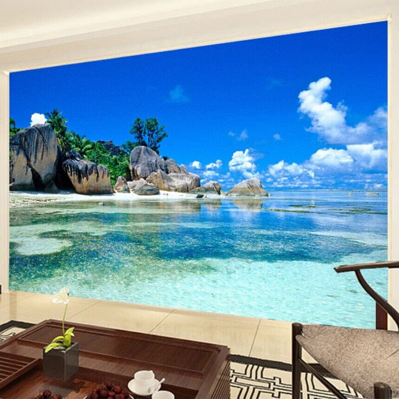 Beautiful Lagoon and Sandy Beach Wallpaper Mural, Custom Sizes Available Wall Murals Maughon's 