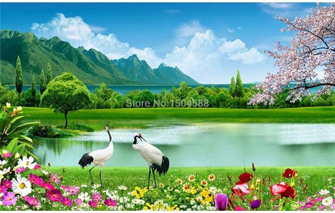 Image of Beautiful Lake and Mountains With Egrets Wallpaper Mural, Custom Sizes Available Household-Wallpaper Maughon's 