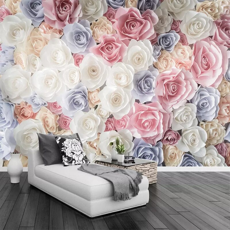 Beautiful Mass of Pink, White and Blue Roses Wallpaper Mural, Custom Sizes Available Wall Murals Maughon's 