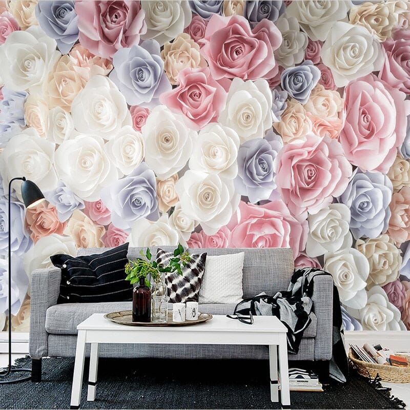 Beautiful Mass of Pink, White and Blue Roses Wallpaper Mural, Custom Sizes Available Wall Murals Maughon's Waterproof Canvas 