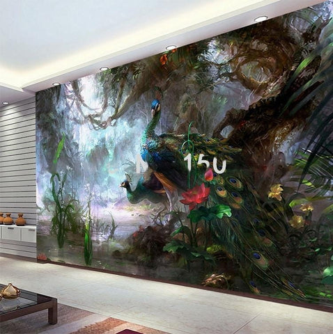 Image of Mural de papel pintado Hermoso bosque de pavos reales, tamaños personalizados disponibles