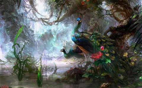 Image of Mural de papel pintado Hermoso bosque de pavos reales, tamaños personalizados disponibles