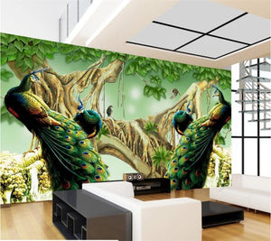 Beautiful Peacocks and Peahens Wallpaper Mural, Custom Sizes Available