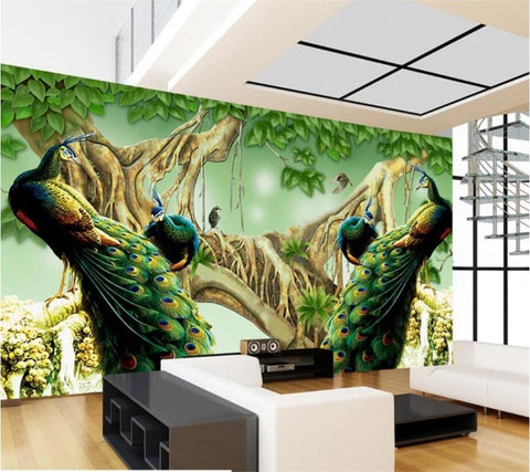Image of Beautiful Peacocks and Peahens Wallpaper Mural, Custom Sizes Available Wall Murals Maughon's 