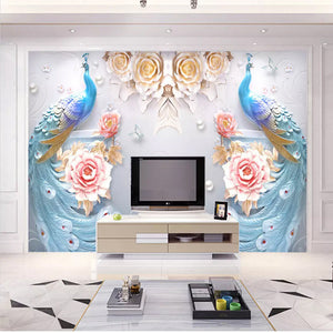 Beautiful Peacocks and Roses Wallpaper Mural, Custom Sizes Available