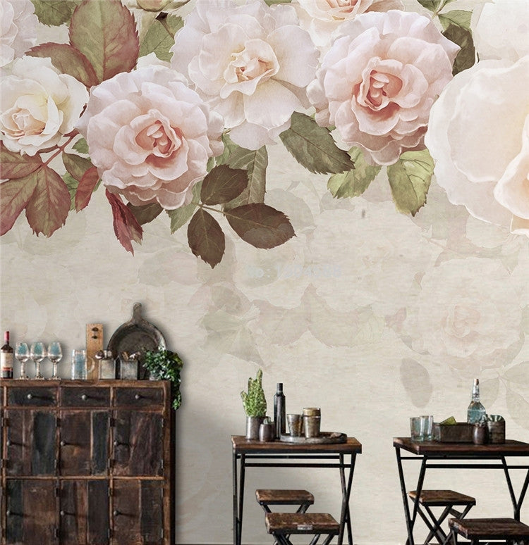 Beautiful Retro Pink Roses Garland Wallpaper Mural, Custom Sizes Available