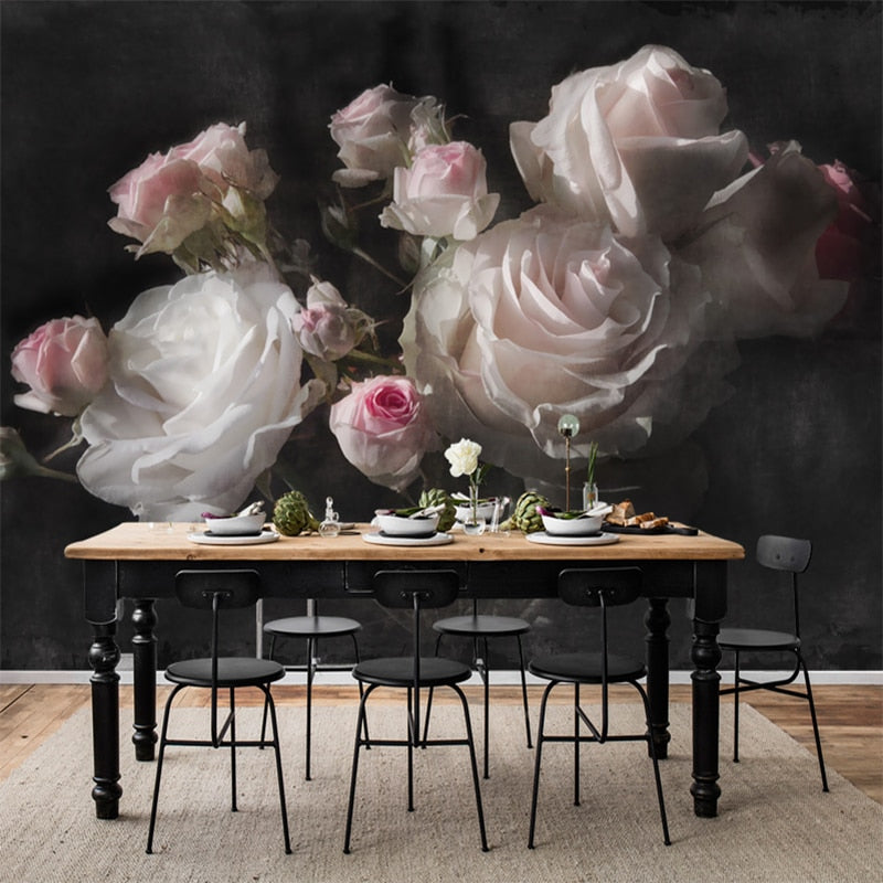 Beautiful Retro Roses on Black Background Wallpaper Mural, Custom Sizes Available Wall Murals Maughon's 