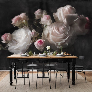 Beautiful Retro Roses on Black Background Wallpaper Mural, Custom Sizes Available