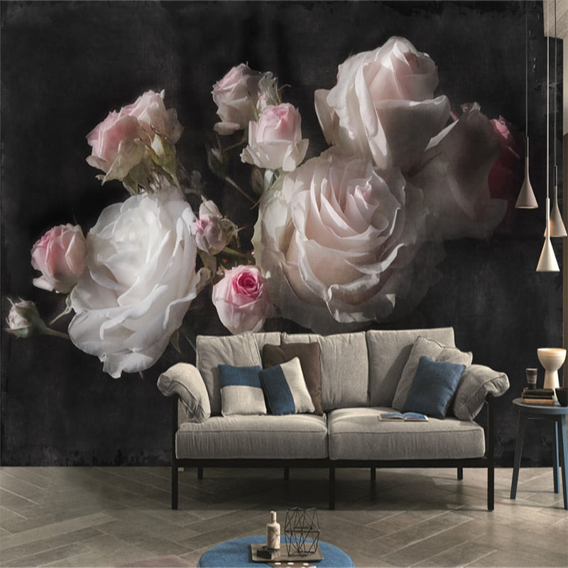 Beautiful Retro Roses on Black Background Wallpaper Mural, Custom Sizes Available Wall Murals Maughon's Waterproof Canvas 