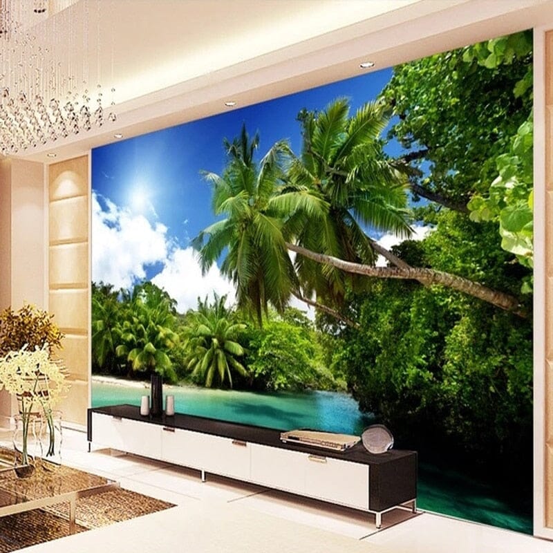 Beautiful Tropical Beach With Palm Trees Wallpaper Mural, Custom Sizes Available Wall Murals Maughon's 