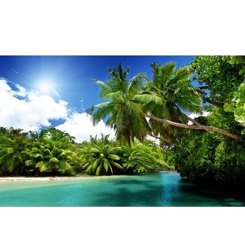 Beautiful Tropical Beach With Palm Trees Wallpaper Mural, Custom Sizes Available Wall Murals Maughon's 
