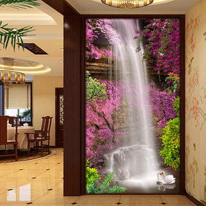 Beautiful Waterfall and Pink Flowers Vertical Wallpaper Mural, Custom Sizes Available