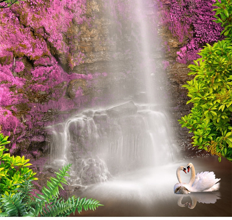 Beautiful Waterfall and Pink Flowers Vertical Wallpaper Mural, Custom Sizes Available Wall Murals Maughon's 