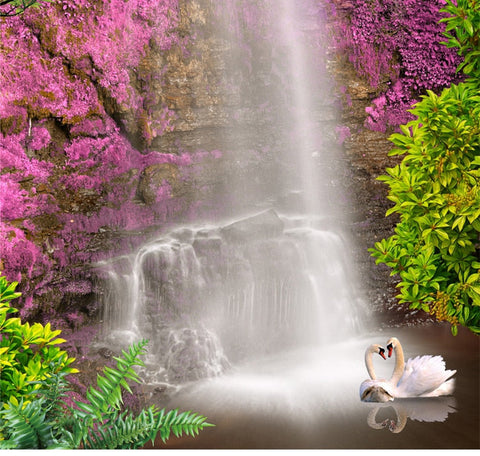 Image of Beautiful Waterfall and Pink Flowers Vertical Wallpaper Mural, Custom Sizes Available Wall Murals Maughon's 