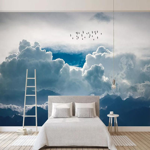 Image of Billowing Clouds and Birds Wallpaper Mural, Custom Sizes Available Wall Murals Maughon's 