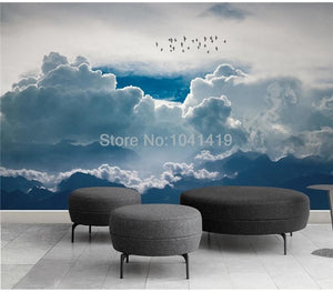 Billowing Clouds and Birds Wallpaper Mural, Custom Sizes Available