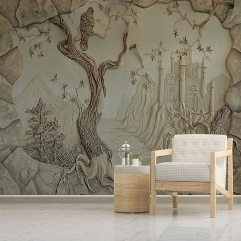 Image of Bird on Old Tree With Castle Wallpaper Mural, Custom Sizes Available Wall Murals Maughon's 