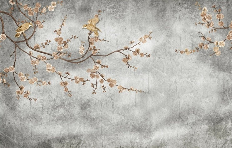 Birds and Flowering Blossoms On Gray Background Wallpaper Mural, Custom Sizes Available Wall Murals Maughon's 