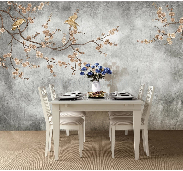 Birds and Flowering Blossoms On Gray Background Wallpaper Mural, Custom Sizes Available Wall Murals Maughon's 