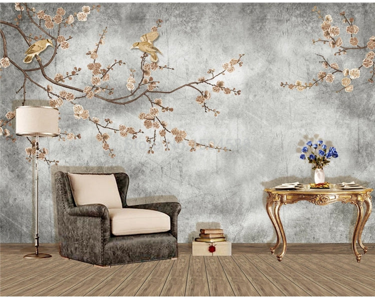 Birds and Flowering Blossoms On Gray Background Wallpaper Mural, Custom Sizes Available Wall Murals Maughon's 