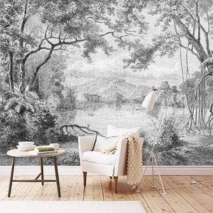 Black And White Forest on Lake Wallpaper Mural, Custom Sizes Available