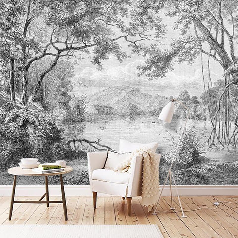 Image of Black And White Forest with Lake Wallpaper Mural, Custom Sizes Available Household-Wallpaper Maughon's 