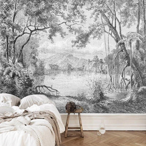 Black And White Forest with Lake Wallpaper Mural, Custom Sizes Available Household-Wallpaper Maughon's 