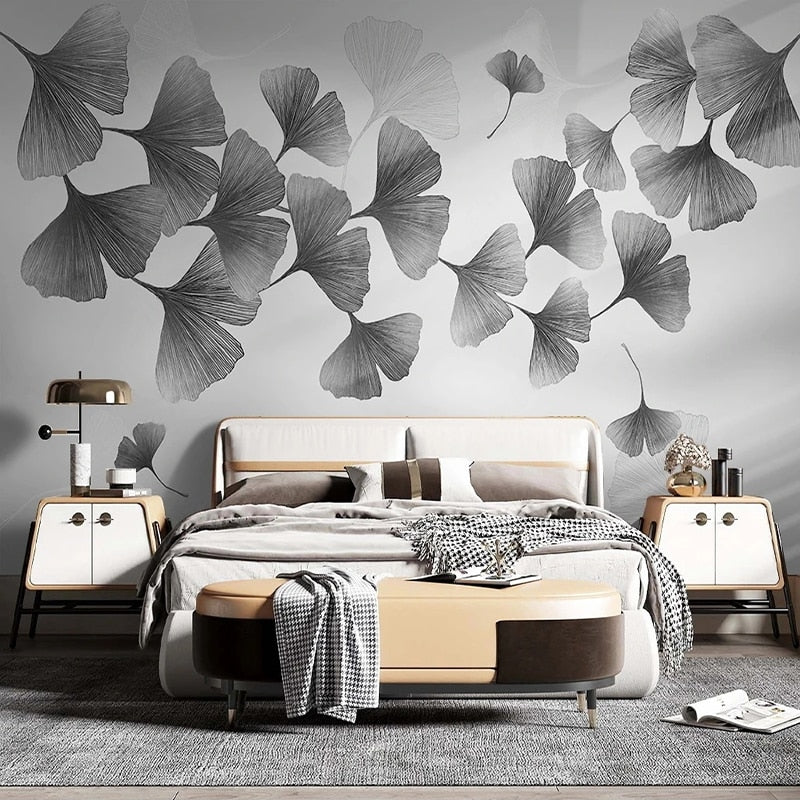 Black and White Gingko Leaves Wallpaper Mural, Custom Sizes Available Wall Murals Maughon's 