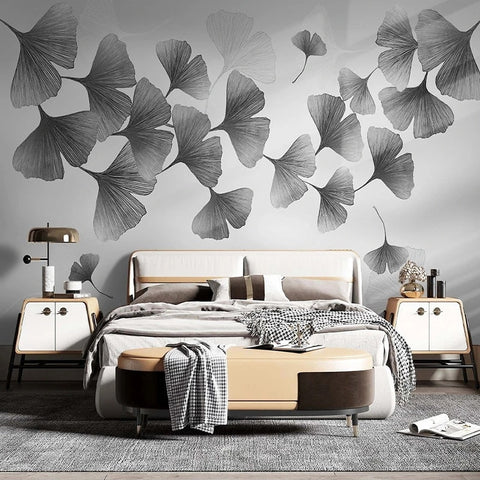 Image of Black and White Gingko Leaves Wallpaper Mural, Custom Sizes Available Wall Murals Maughon's 