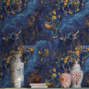 Exotic Blue and Gold Abstract Wallpaper Mural, Custom Sizes Available