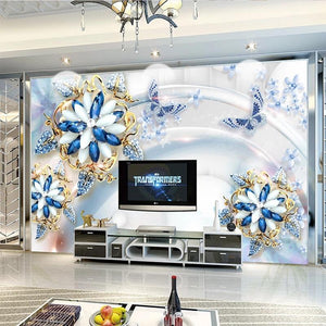 Mural de papel pintado con joyas florales azules y blancas, tamaños personalizados disponibles