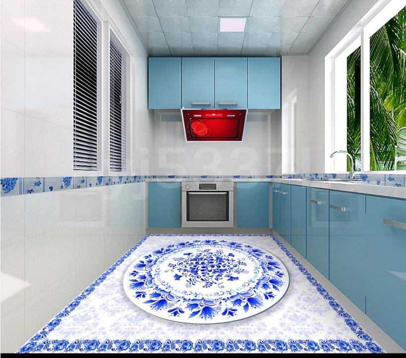 Blue and White Vinyl PVC Floor Mural,Self Adhesive, Custom Sizes Available Household-Wallpaper-Floor Maughon's 