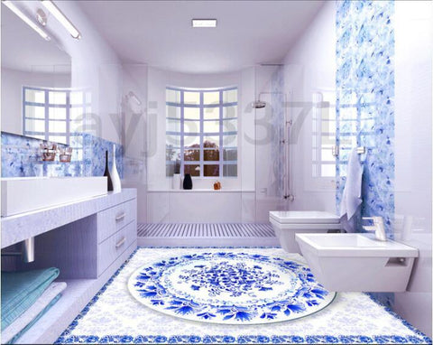 Image of Blue and White Vinyl PVC Floor Mural,Self Adhesive, Custom Sizes Available Household-Wallpaper-Floor Maughon's 