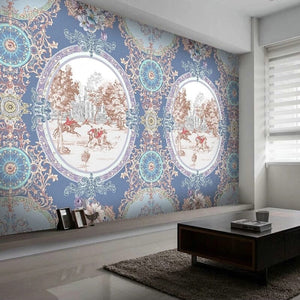 Blue Ornate Equestrian Medallion Wallpaper Mural, Custom Sizes Available