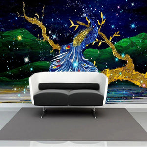 Blue Peacock Magical Fantasy Wallpaper Mural, Custom Sizes Available