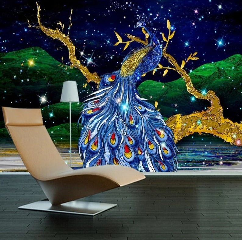 Blue Peacock Magical Fantasy Wallpaper Mural, Custom Sizes Available Wall Murals Maughon's 
