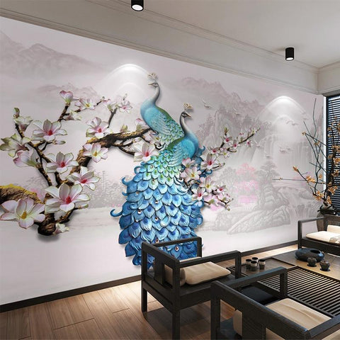 Image of Blue Peacock on Plum Blossom Wallpaper Mural, Custom Sizes Available Maughon's 
