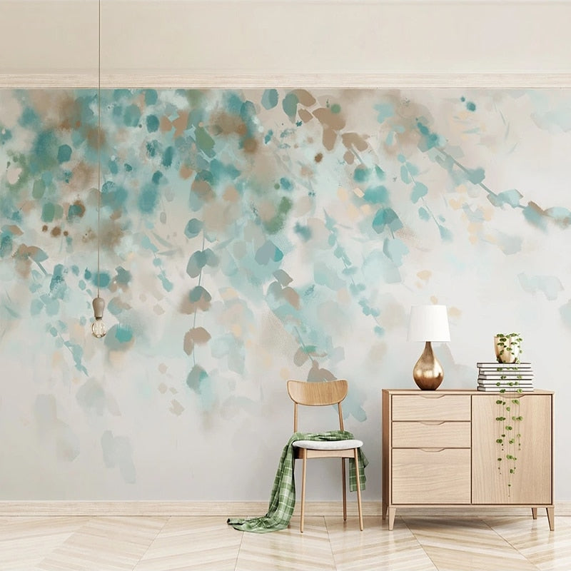 Blue Watercolor Hanging Leaves Wallpaper Mural, Custom Sizes Available Wall Murals Maughon's 