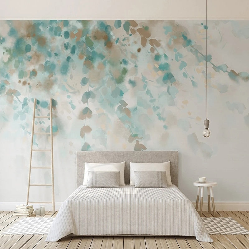 Blue Watercolor Hanging Leaves Wallpaper Mural, Custom Sizes Available Wall Murals Maughon's Waterproof Canvas 
