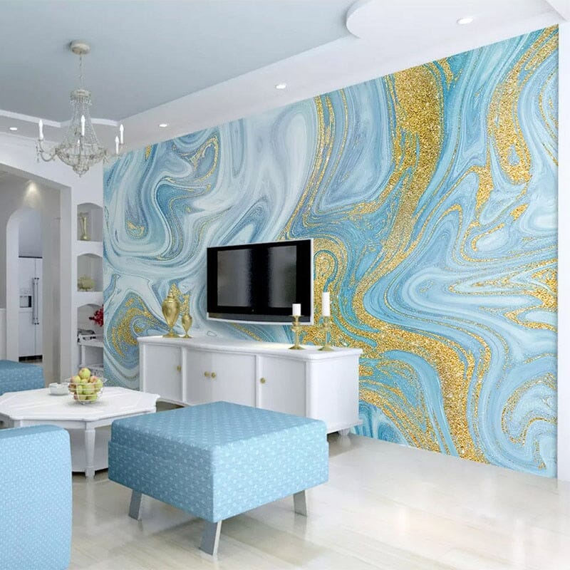 Blue, White and Gold Swirl Marble Wallpaper Mural, Custom Sizes Available Wall Murals Maughon's 