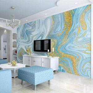 Blue, White and Gold Swirl Patterns Wallpaper Mural, Custom Sizes Available