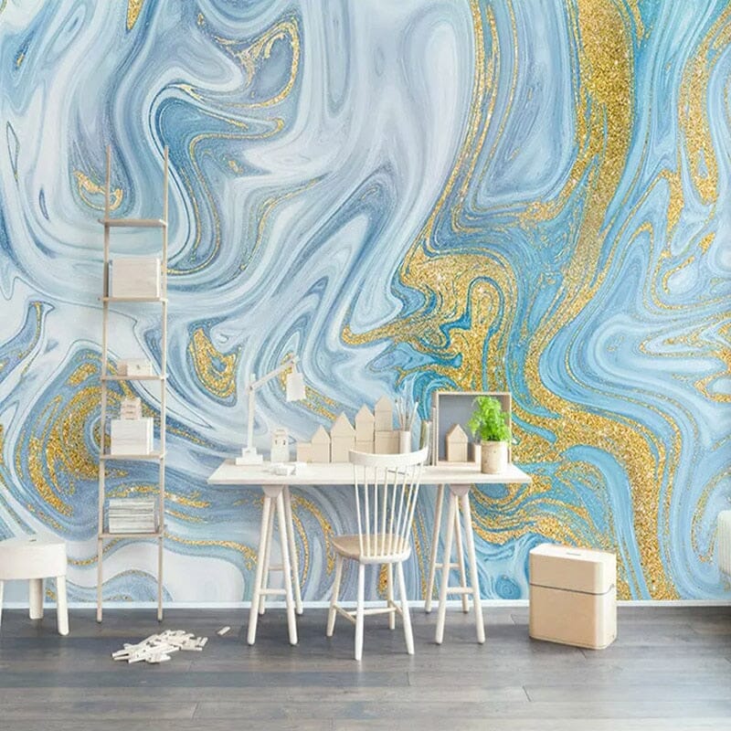 Blue, White and Gold Swirl Marble Wallpaper Mural, Custom Sizes Available Wall Murals Maughon's Waterproof Canvas 