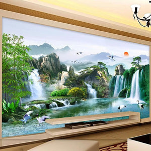 Impresionante mural de papel pintado con cascadas de estilo chino, tamaños personalizados disponibles