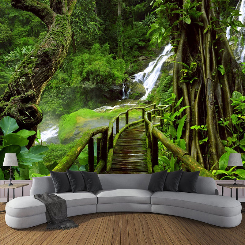 Bridge Through a Primeval Forest Waterfall Wallpaper Mural, Custom Sizes Available Maughon's 