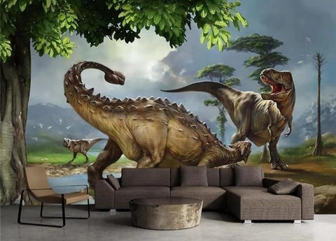 Image of Mural de papel pintado con dinosaurios peleando, tamaños personalizados disponibles