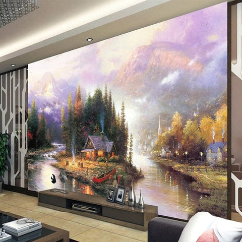 Image of Cabin On a River Wallpaper Mural, Custom Sizes Available Wall Murals Maughon's Waterproof Canvas 