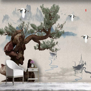 Mural de papel pintado calmante con paisaje de tinta china, tamaños personalizados disponibles