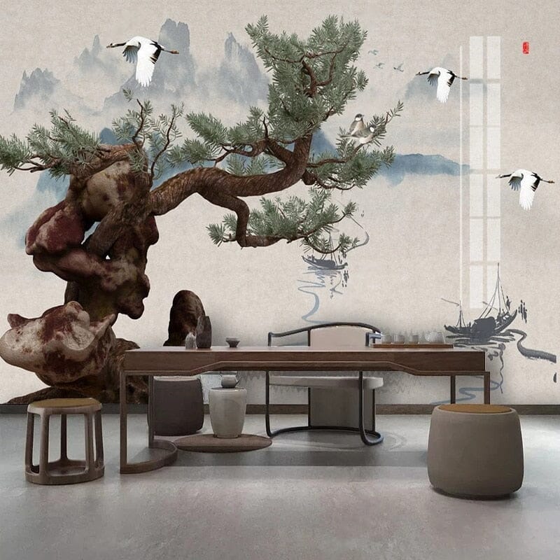 Calming Chinese Ink Landscape Wallpaper Mural, Custom Sizes Available Wall Murals Maughon's Waterproof Canvas 